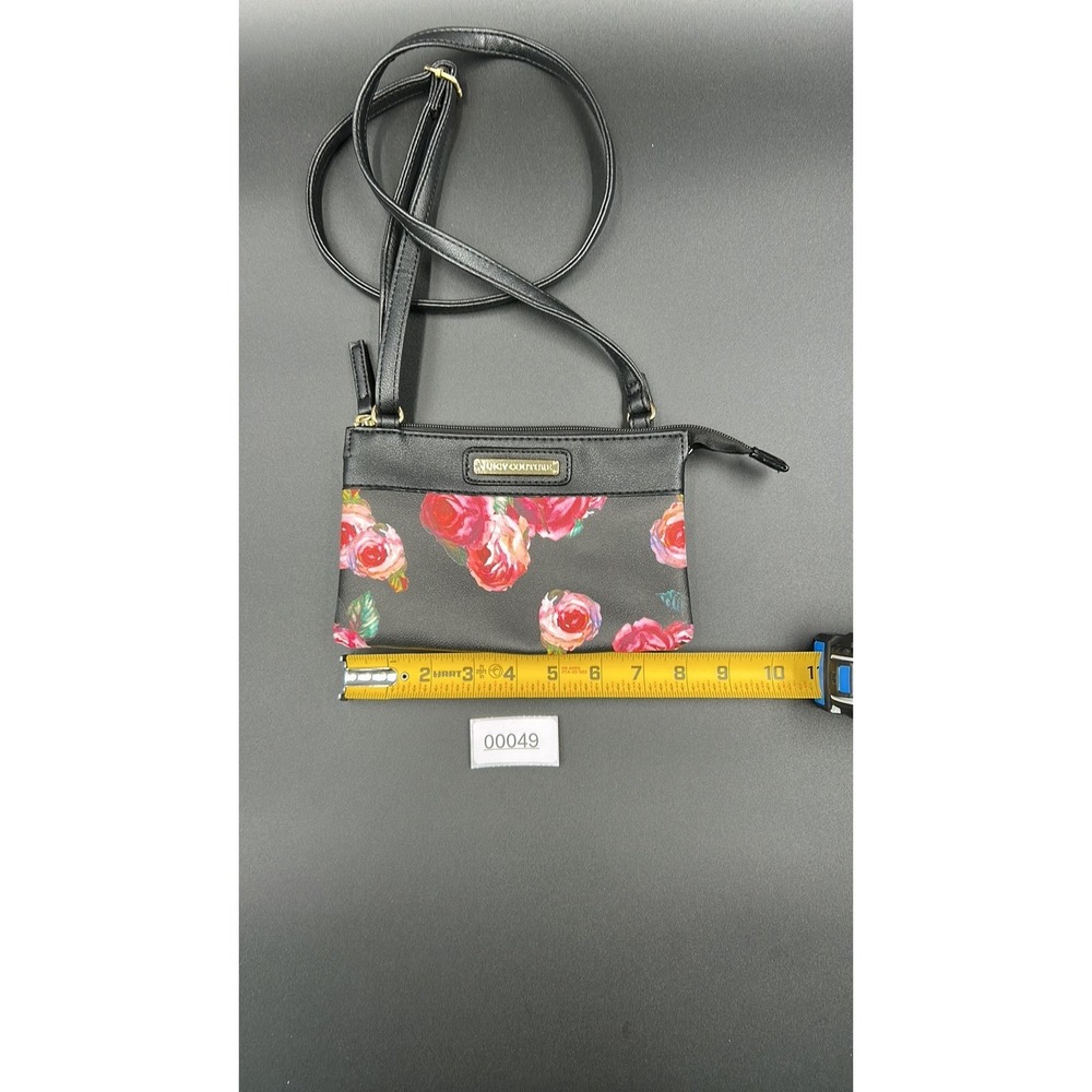Juicy Couture Black Floral Rose Crossbody Bag Faux Leather Gold Tone Logo Small